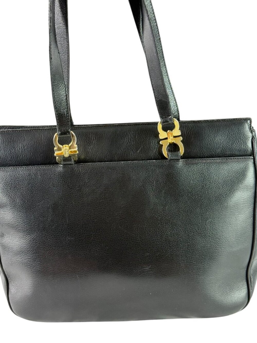 SALVATORE FERRAGAMO Gancini Black Leather Tote Shoulder Bag Made in Italy